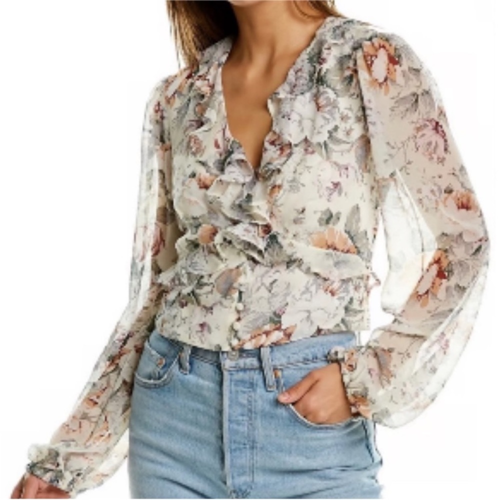Bardot Ruffle Button Up Top in Ivory Floral